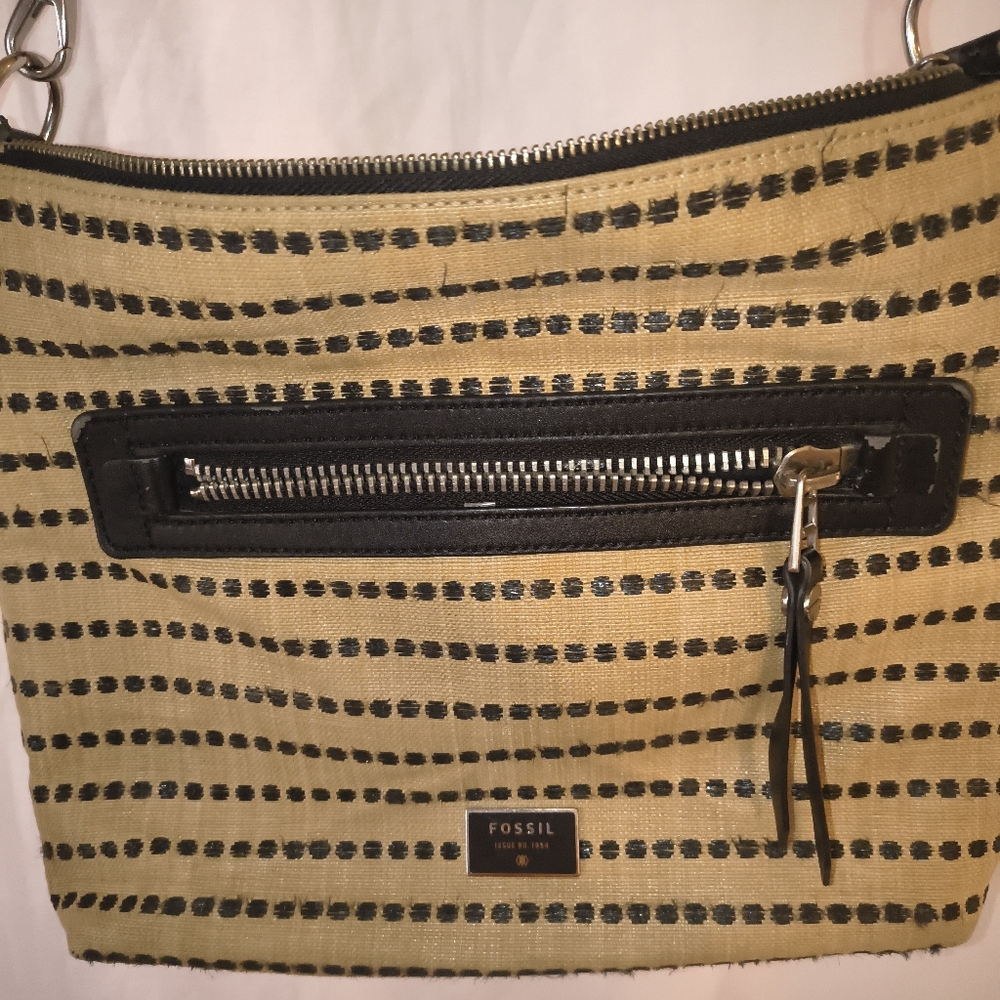 Fossil Dawson Fabric Cross Body Light Tan Polka Dot Bohemian Adjustable Purse